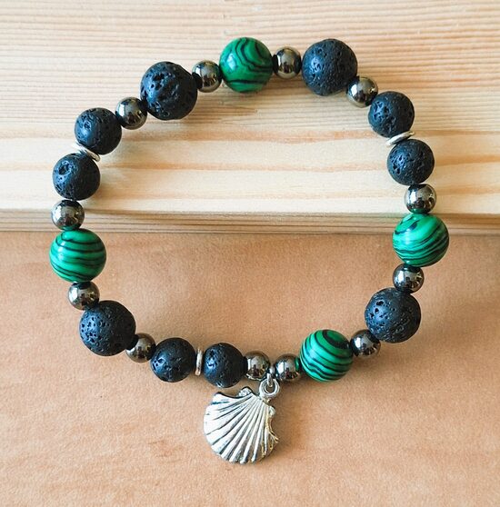 Lavas-Malahīta-Hematīta rokassprādze ar gliemežvāku – 17cm – APR-06